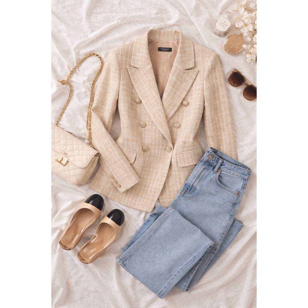 Attitude Unknown Women's Beige‎ NWOT Tweed Double Breasted Blazer Jacket Size M
